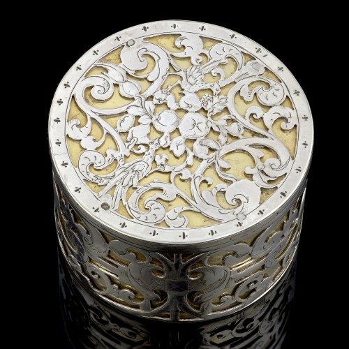 A circular strapwork Box, silver and parcel gilt, Dutch c.1660 - 