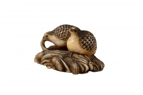 Netsuke two quails on a sheaf of millet by Hiromits - Japan Edo