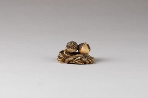 Netsuke two quails on a sheaf of millet by Hiromits - Japan Edo - Asian Works of Art Style 