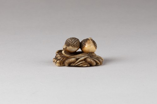 Asian Works of Art  - Netsuke two quails on a sheaf of millet by Hiromits - Japan Edo