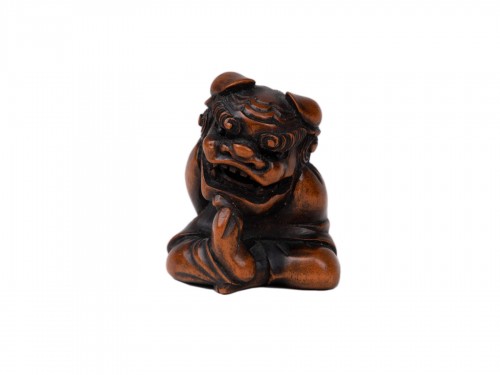 Netsuke en bois par Sukeyuki, danseur Shishimaï - Japon Edo