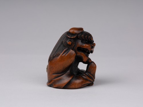 Netsuke en bois par Sukeyuki, danseur Shishimaï - Japon Edo - 