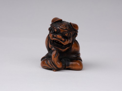 Antiquités - Netsuke en bois par Sukeyuki, danseur Shishimaï - Japon Edo