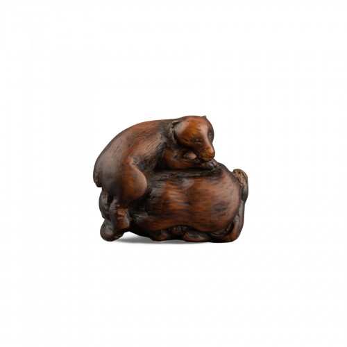 Netsuke, Tanuki et le chasseur - Japon Edo 18e siècle
