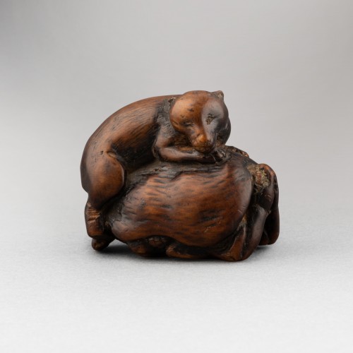 Antiquités - Netsuke – tanuki and hunter. Japan Edo 18th century