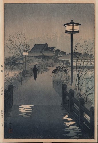 Japanese print. Shiro Kasamatsu. Evening Rain, Shinobazu Pond