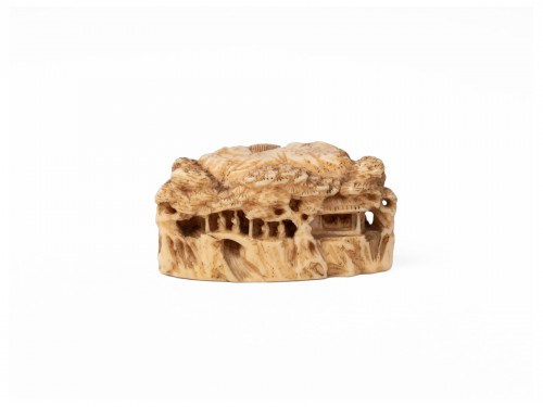 Netsuke par Masatoshi, paysage de pavillons, Japon Edo