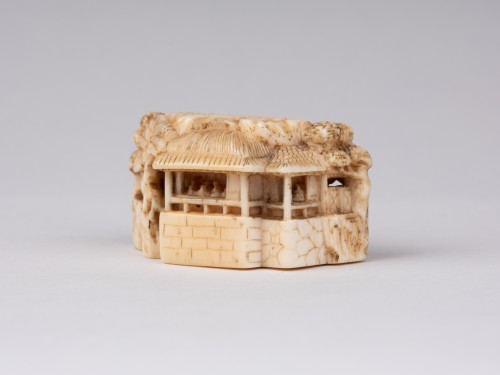 Netsuke par Masatoshi, paysage de pavillons, Japon Edo - 