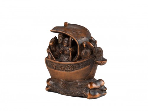 Netsuke Shichifukujin Takarabune, bateau des dieux du bonheur. Japon Edo