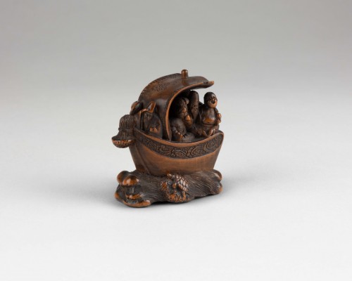 Netsuke Shichifukujin Takarabune, bateau des dieux du bonheur, Japon Edo - 