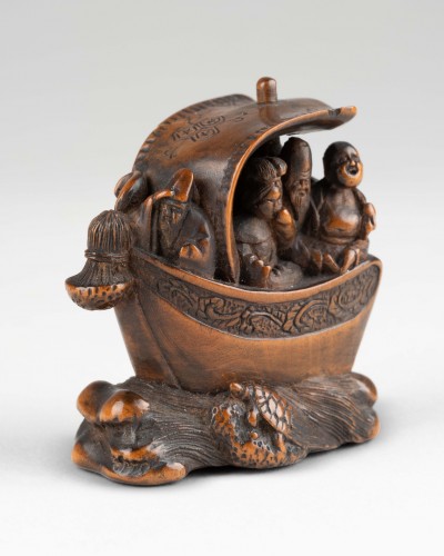 Antiquités - Netsuke Shichifukujin Takarabune, bateau des dieux du bonheur. Japon Edo