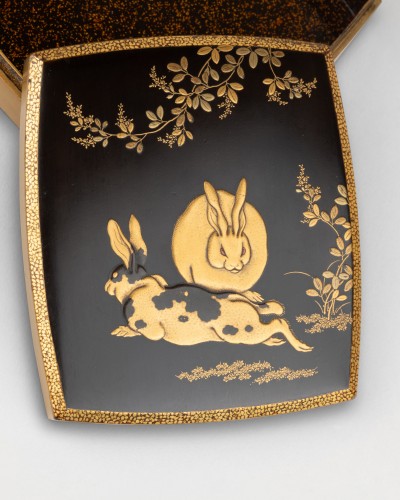 Kobako Lovely Gold Lacquer Box Decorated With Rabbits Japan Edo - 