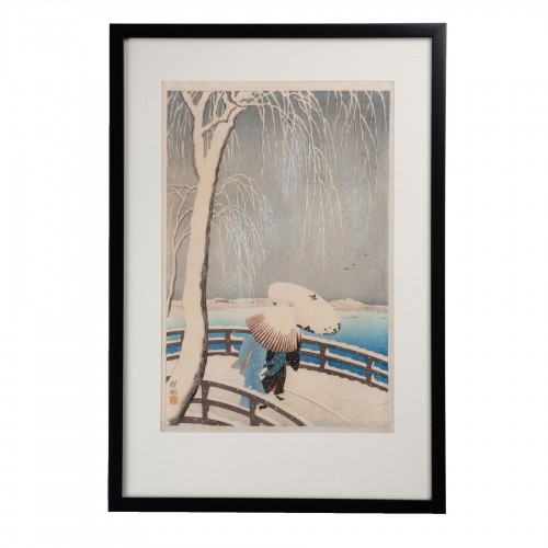 Ohara Koson (1877-1945) - Print Snow on Willow Bridge