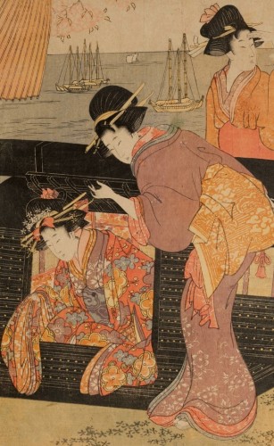 Asian Works of Art  - Kitagawa Utamaro I Cherry-blossom Viewing at Goten-yama Woodblock print Edo