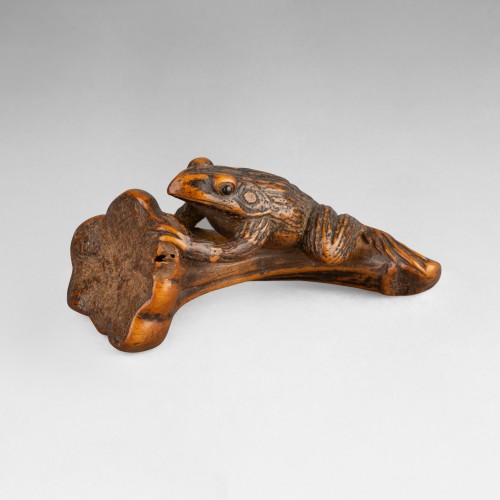 Netsuke - boxwood frog on a pumpkin stalk. Japan Edo - Asian Works of Art Style 