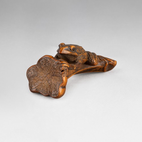 Asian Works of Art  - Netsuke - boxwood frog on a pumpkin stalk. Japan Edo