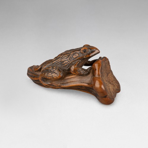 Netsuke - boxwood frog on a pumpkin stalk. Japan Edo - 