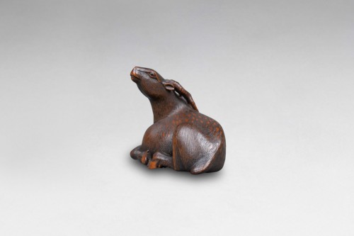 XIXe siècle - Netsuke - daim en bois sculpté, représenté couché. Japon Edo