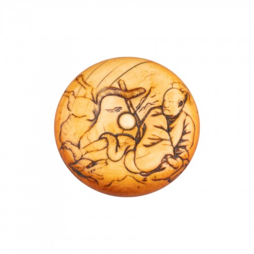Netsuke grand modèle de type Manju en ivoire Tame-Tomo et le loup, Japon Edo 19e siècle