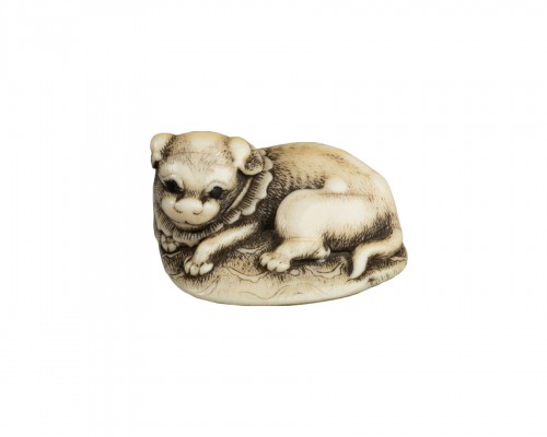 Netsuke – Chiot couché sur un tapis. Japon Edo XVIIIe siècle