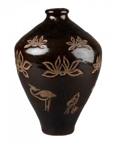 Vase en grès - Lotus et héron, Japon Edo
