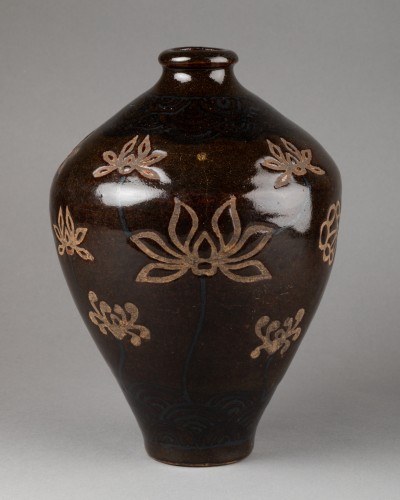 Asian Works of Art  - Stoneware Vase - Lotus And Crane, Japon Edo