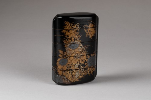XIXe siècle - Inro Chat et pivoines, Japon Edo
