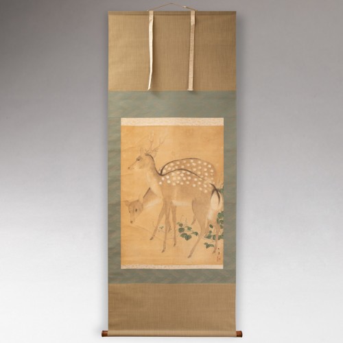 Antiquités - Couples de daims dans un paysage -  Japon Edo