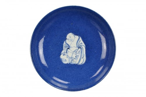 Chinese Porcelain Powder Blue Ground Blue And White Budai Dish, Kangxi