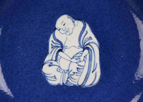 Porcelain & Faience  - Chinese Porcelain Powder Blue Ground Blue And White Budai Dish, Kangxi