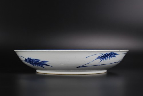 Antiquités - Chinese Porcelain Powder Blue Ground Blue And White Budai Dish, Kangxi