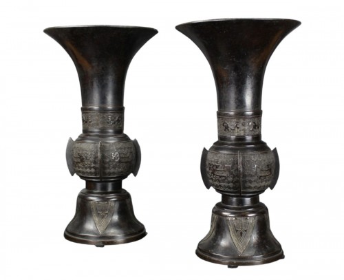 A Pair Of Large Chinese Archaistic Bronze ‘gu' Vases, Ming / Qing Dynasty