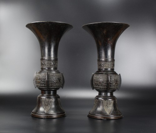 18th century - A Pair Of Large Chinese Archaistic Bronze ‘gu' Vases, Ming / Qing Dynasty