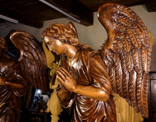 Antiquités - Large Pair of Winged Angels in Adoration, 18th Century