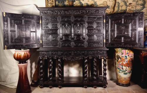 Antiquités - Important ebony cabinet with Seven Virtues