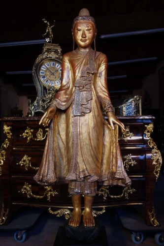 Sculpture Sculpture en Bois - Grand Bouddha Birman en bois sculpté doré