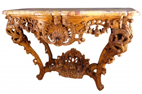 Console d'époque Régence en chêne clair, marbre brèche d’Alep