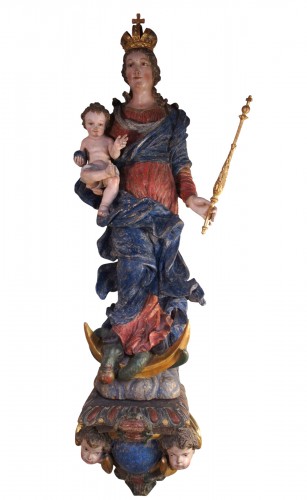 Grande statue en bois polychrome de la Vierge Immaculée