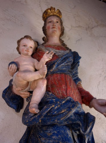 Grande statue en bois polychrome de la Vierge Immaculée - 