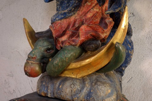 Antiquités - Grande statue en bois polychrome de la Vierge Immaculée