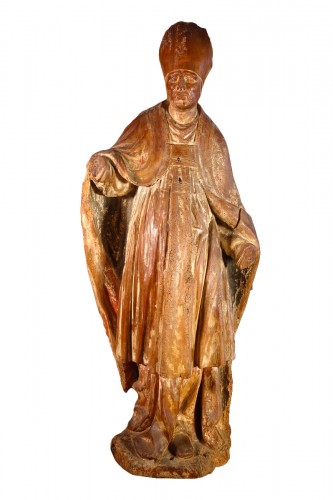 Grande statue du XVIIIe figurant un évêque, en bois anciennement polychromé