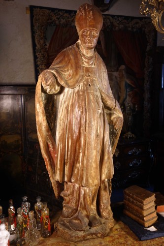 Grande statue du XVIIIe figurant un évêque, en bois anciennement polychromé - Méounes Antiquités