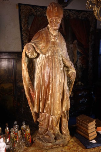 Large statue of a bishop, formerly polychrome, early 18th century - 