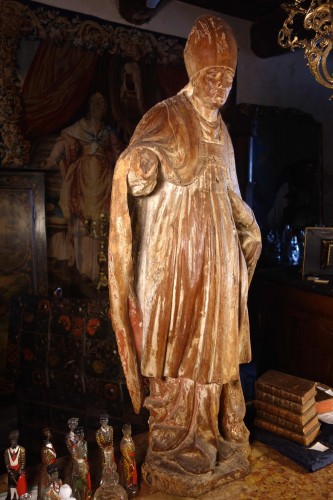 18th century - Large statue of a bishop, formerly polychrome, early 18th century