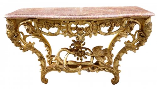 Table en console aux têtes de faune, bois doré XIXe