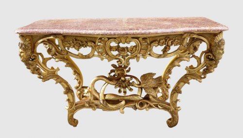 Table en console aux têtes de faune, bois doré XIXe - Mobilier Style 