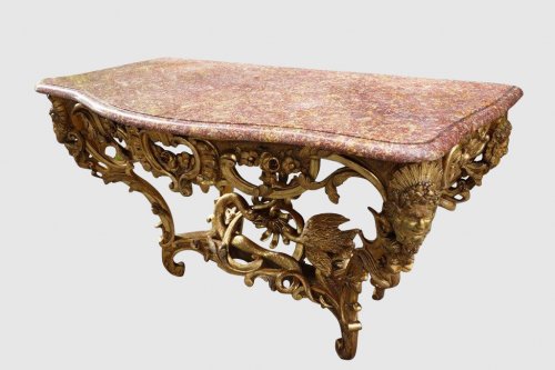 Table en console aux têtes de faune, bois doré XIXe - Méounes Antiquités