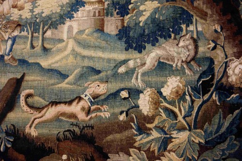 Grande tapisserie d’Aubusson « La chasse au renard », début du XVIIIe - Tapisserie & Tapis Style Louis XIV