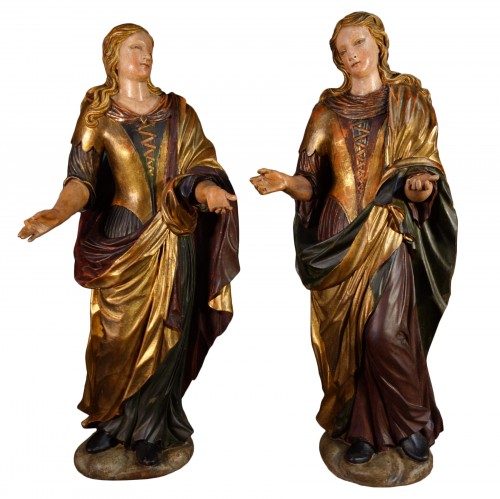 Pair of Venetian maids in polychrome and gilded wood