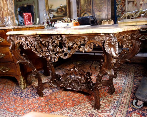 Antiquités - Console Louis XV en bois de chêne et marbre brèche d’Alep